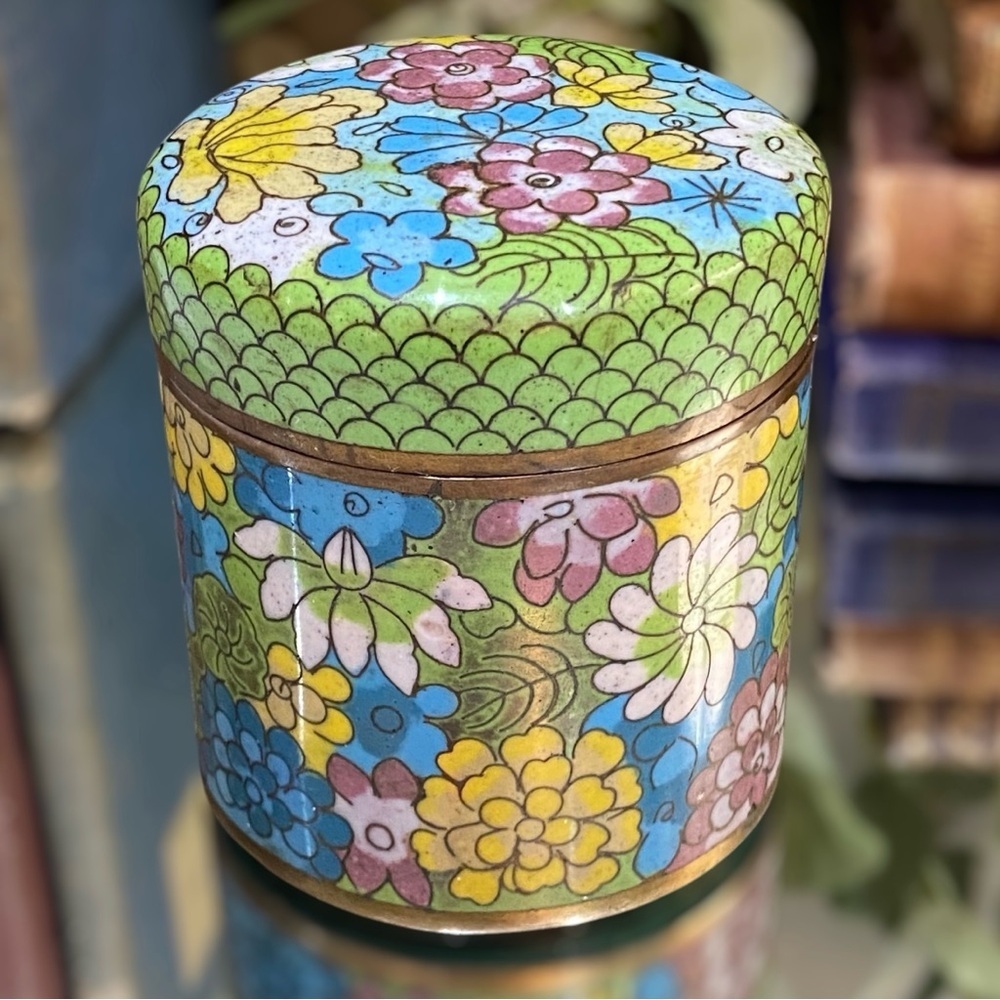 Antique Cloisonne Enamel Brass Trinket Tea Tobacco Box Lid Floral Chinese c1890